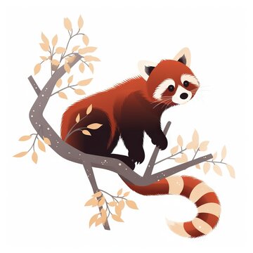  a red panda sitting on a branch of a tree with leaves on it's branches and looking at the camera, with a white background.  generative ai