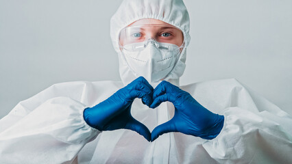 Infection specialist. Healthcare protection. Love gesture. Female woman doctor virologist in...