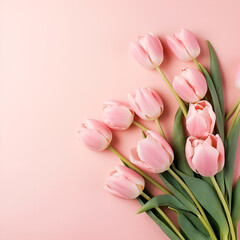 Illustration, AI generation. Pink tulips on a pink background, top view.