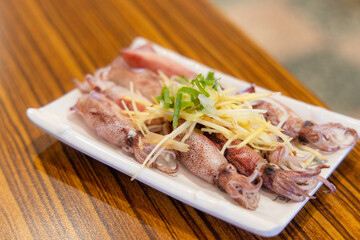 Boiled squid seafood in dish