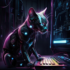 The cybernetic cat produced by artificial intelligence uses a computer. Stock image.