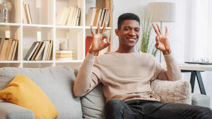 Agree approval. Okay gesture. Joyful satisfied pleased young man guy showing recommending sign on...