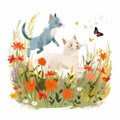  a cat and a kitten are playing in a field of flowers and a butterfly is flying over them on a white background with a butterfly.  generative ai