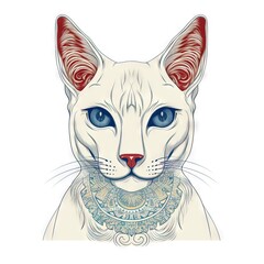  a white cat with blue eyes and a collar around it's neck is looking at the camera with a serious look on its face.  generative ai