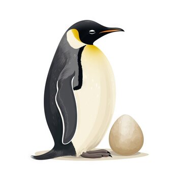  a penguin standing next to an egg on a white background with a black and yellow beak and a white background with a black and yellow egg.  generative ai
