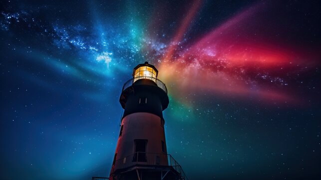  a lighthouse with a bright light on top of it under a night sky filled with stars and the milky in the distance, with a bright light shining on top of the lighthouse.  generative ai