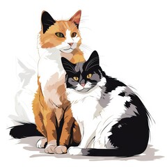  two cats sitting next to each other on a white background, one is orange and the other is black and white and the other is white.  generative ai