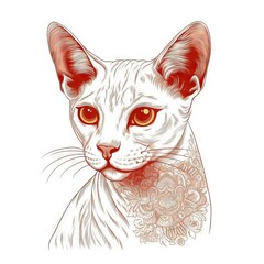  a white cat with orange eyes and a red collar with a floral pattern on it's neck, looking to the side, with a white background.  generative ai