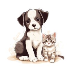 a dog and a cat sitting next to each other on a white background with a splash of paint on it's back ground and a white background.  generative ai