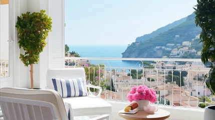 Papier Peint photo Lavable Blanche Modern simple patio with pink flowers. Ocean Amalfi view