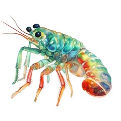  a watercolor painting of a colorful shrimp on a white background with a black spot in the center of the image and a black spot in the middle of the image.  generative ai