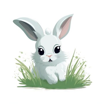  a white rabbit sitting in the grass with its eyes wide open and a sad look on its face, with grass and grass around it.  generative ai
