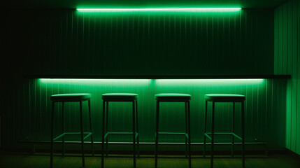 green neon light with chairs 