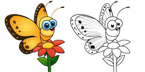 Butterfly on a flower Cartoon vector illustration, Butterfly and flower stock vector image, colored and black and white line art