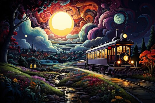 A colorful abstract illustration of a train departs the city, journeying through surreal landscapes enriched with vibrant colors and dreamlike unreality. Sunset time. Generative Ai.