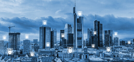 Cybersecurity lock and diverse network icons hologram. New York blurred cityscape. Concept of cybersecurity and data privacy. - obrazy, fototapety, plakaty