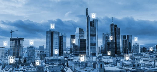 Rolgordijnen Cybersecurity lock and diverse network icons hologram. New York blurred cityscape. Concept of cybersecurity and data privacy. © Philip