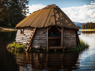 Fototapeta na wymiar brown hut near body of water