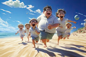 Colorful illustration of a happy chubby or overweight family playing and running on a sandy beach by the sea, filled with joy and laughter. They wear glasses.  Summer vibe. Generative Ai. 