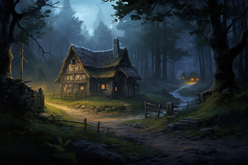 Fototapeta premium lonely house in the forest with creepy trees and a misty background , generative ai 