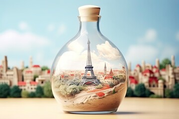 Colorful illustration of France national culture or symbols in the glass bottle on summer daytime. Cream background. Studio light. Generative Ai.