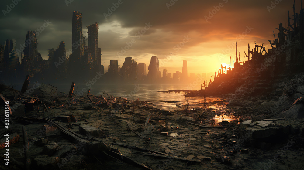 Wall mural post-apocalyptic ruined city, generative ai