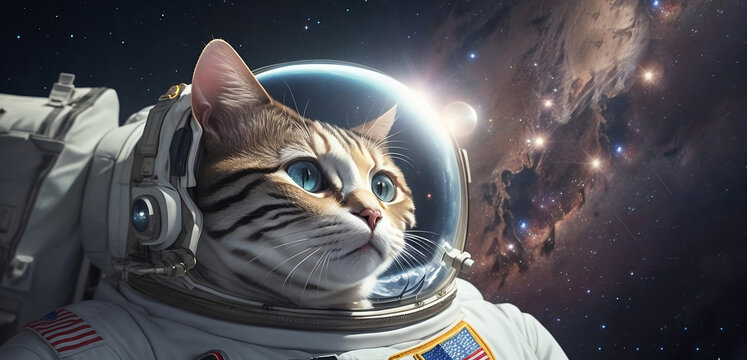 Sci-fi space wallpaper with astronaut cat. Astronaut cat in a spacesuit in outer space. space galaxy. AI