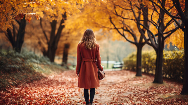 Rear view of elegant young woman in a burgundy casual coat in autumn. Cute model walks in the park in golden autumn through colorful trees and fallen leaves. Autumn walk, colorful nature 