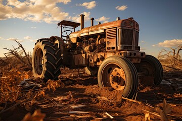 Abandoned rusty tractor stands broken down in the field, a silent witness to past labor and neglect. Summer hot sunset. Generative Ai.