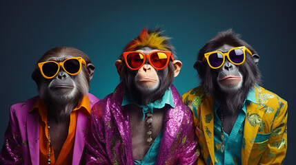 Stylish animal rock band, fashionable portrait of anthropomorphic superstar chimpanzees with sunglasses and vibrant suits, group photo, glam rock style. Generative AI.
