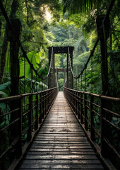 View of narrow footbridge between green tropical trees located in jungle, generative ai 