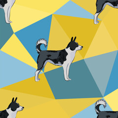 Canaan dog on a mosaic polygonal background. Funky, vibrant colors palette.Simple,clean, modern texture. Geometric, polygon style. Summer seamless geometric yellow and blue pattern with mongrel dogs. 