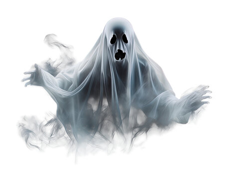 Halloween ghost on transparent background. Spirit figure. PNG element. Generative Ai.