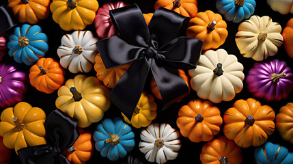 Obraz na płótnie Canvas Colorful Halloween pumpkins background, top view. Generative Ai.