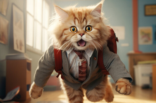 The cat is a student. cat with a backpack. Back to school. Furious cat in school uniform. Generative AI