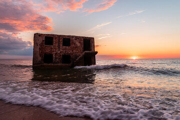 Beautiful and colorful sunset over the Northern forts in the Baltic sea coastline at Karosta (Liepaja, Latvia)