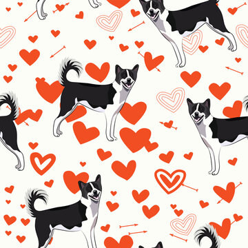 Canaan dog Valentine's day bright heart wallpaper. Love doodles hearts holiday square background, repeatable pattern. St Valentine's day wallpaper, Valentine's present, print tiles. Red pastel color.