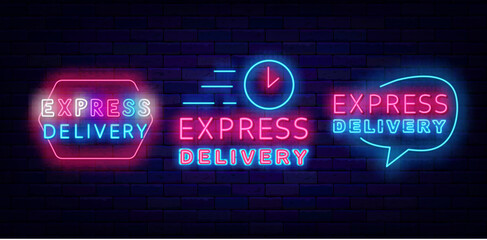 Express delivery neon labels collection. Shiny advertising. Speech bubbles. Speed clock. Vector stock illustration