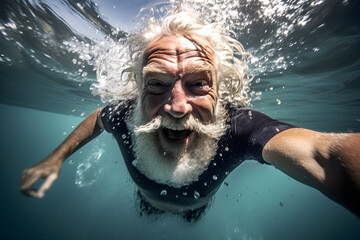 portrait of retired man underwater in swimming pool