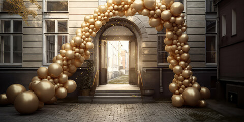 Arch of golden balloons and flowers decoration on the city street. Luxury. Grand Opening, solemn event concept. Holidays event, wedding ceremony,birthday celebration, anniversary, party.Generative ai