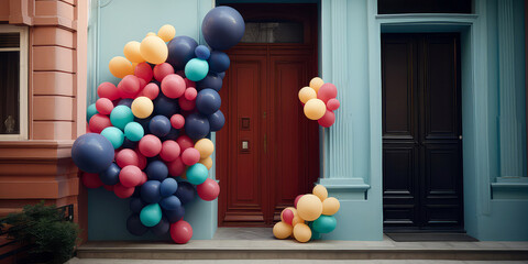 Decorated entrance door of colorful balloons. Exterior facade of building with front door.Grand Opening,solemn event.Holidays event, Birthday, wedding ceremony,celebration,anniversary.Generative ai