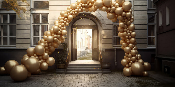 Arch of golden balloons and flowers decoration on the city street. Luxury. Grand Opening, solemn event concept. Holidays event, wedding ceremony,birthday celebration, anniversary, party.Generative ai