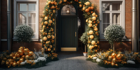 Arch of balloons with flowers.Decorated entrance door Exterior facade of building with front door.Grand Opening concept.Holidays event, vedding ceremony,birthday celebration, anniversary.Generative ai