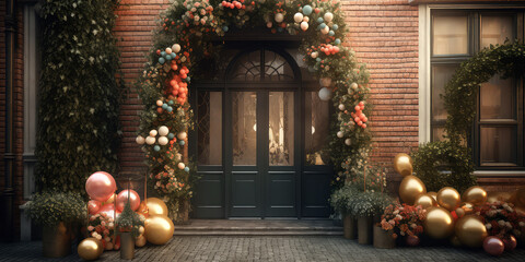 Fototapeta premium Arch of balloons with flowers.Decorated entrance door Exterior facade of building with front door.Grand Opening concept.Holidays event, vedding ceremony,birthday celebration, anniversary.Generative ai