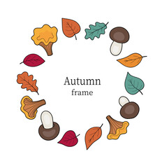 Autumn frame with mushrooms and leaves, autumn background.