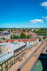 Liepaja, Latvia - June 29, 2023: aerial view of the city centre of the Liepaja city with historical buildings and traffic in the city
