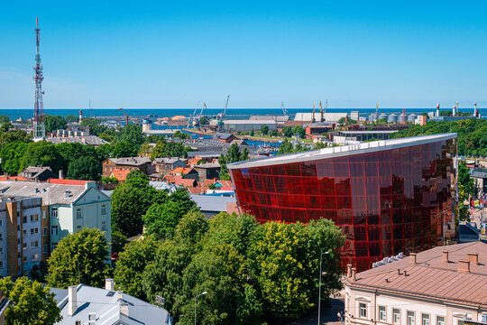 Liepaja, Latvia - June 29, 2023: aerial view of the city centre of the Liepaja city with historical buildings and the Concert Hall Great Amber
