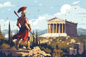 Fotobehang Spartan warrior and ancient Greek acropol in background. Greece, Athens illustration © ayselucar