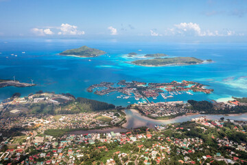 Aerial panoramic view of Mahe coastline, Seychelles