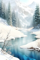 landscape with lake and mountains - Landscape Illustration - Watercolor Landscape wall art - Generative AI